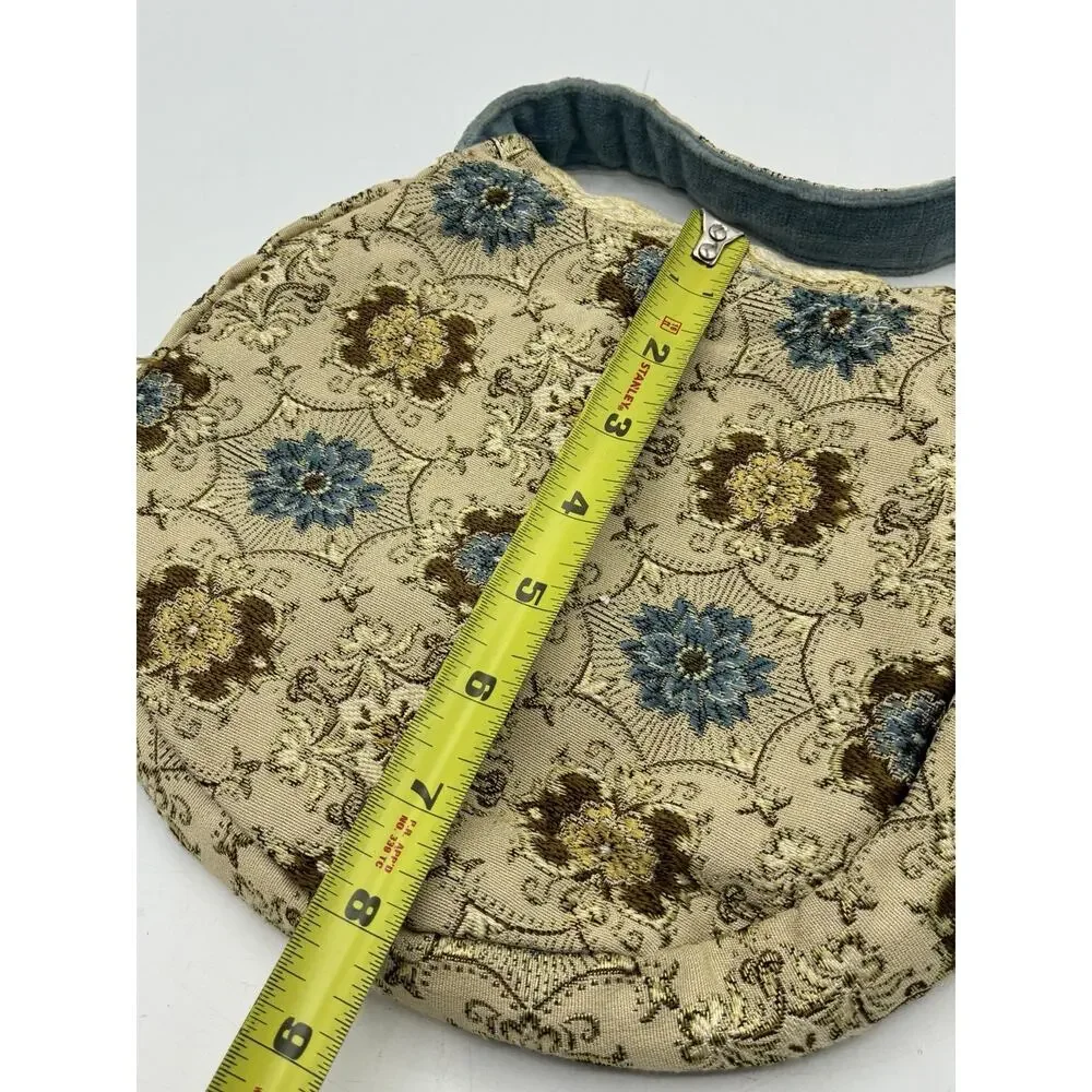 Vintage Tapestry Shoulder Bag Blue Velvet Strap Floral Medallion Boho Purse